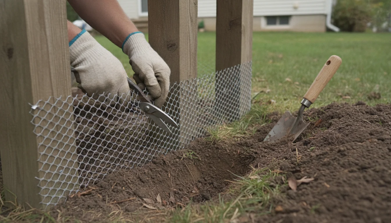 Hands securing buried hardware cloth over an opening under a wooden deck