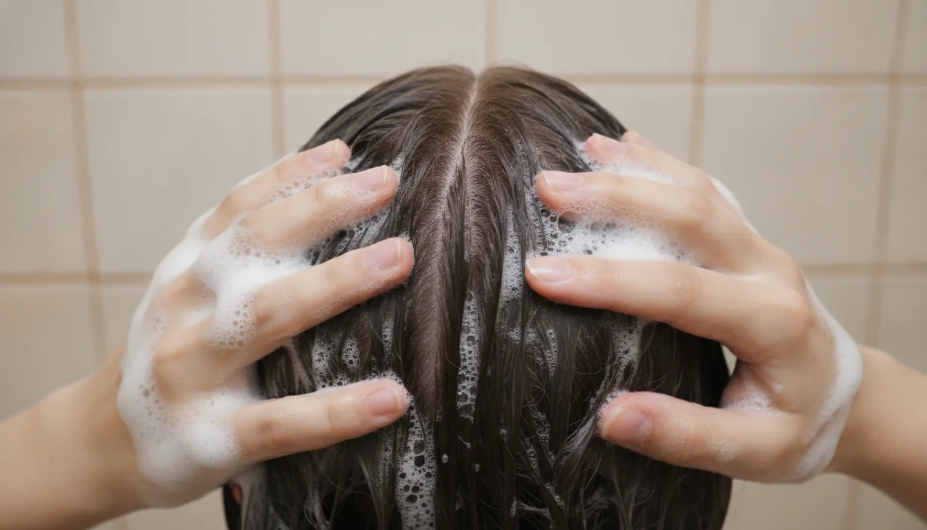 Fingertips massaging shampoo lather into the scalp, not the hair lengths