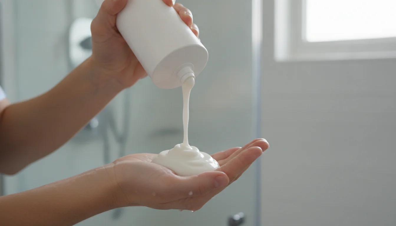 Hands squeezing medicated shampoo from a plain white bottle into a palm