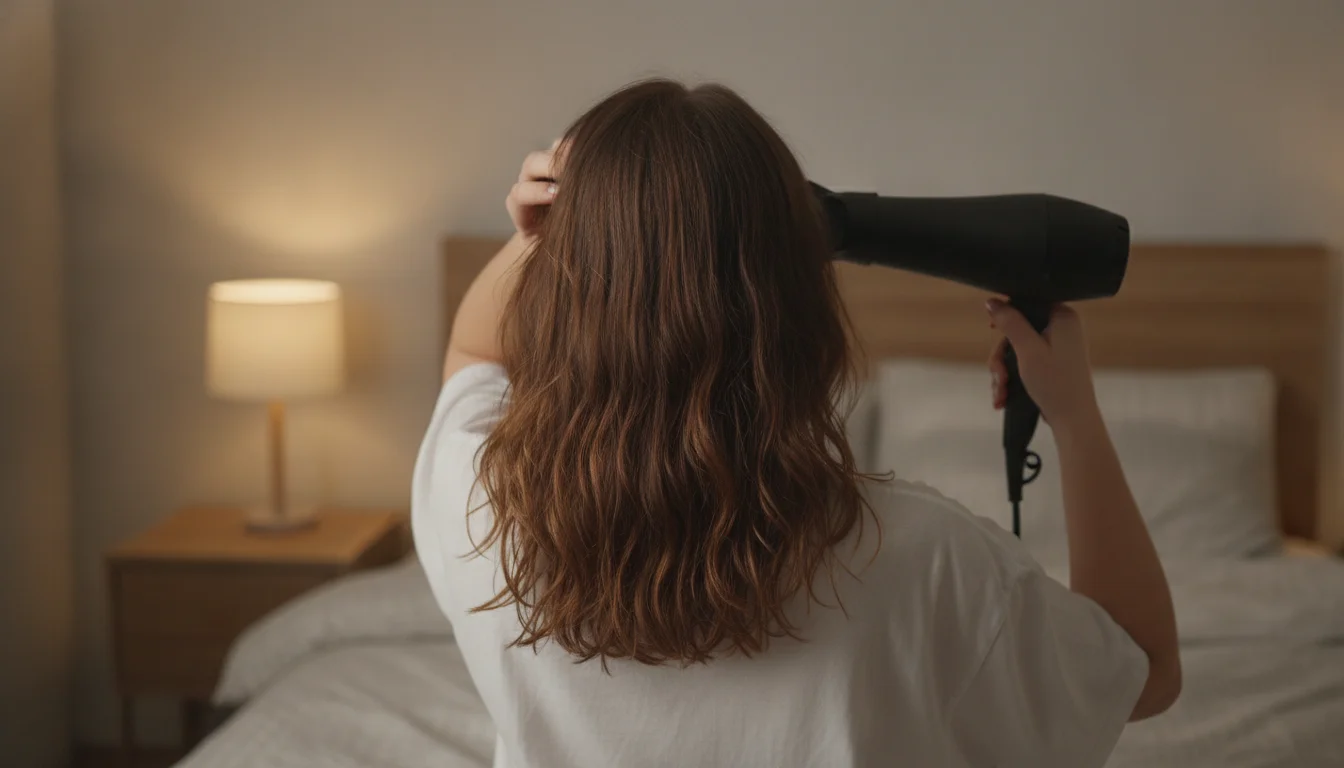 Hair dryer aimed at the roots while a hand lifts a section of damp hair