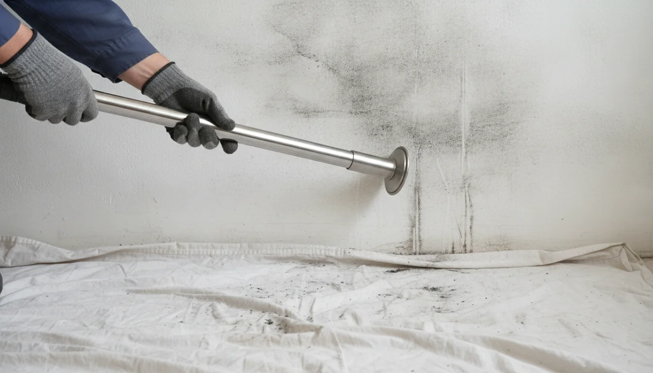 Gloved hands holding a vacuum nozzle just off a sooty wall without touching it