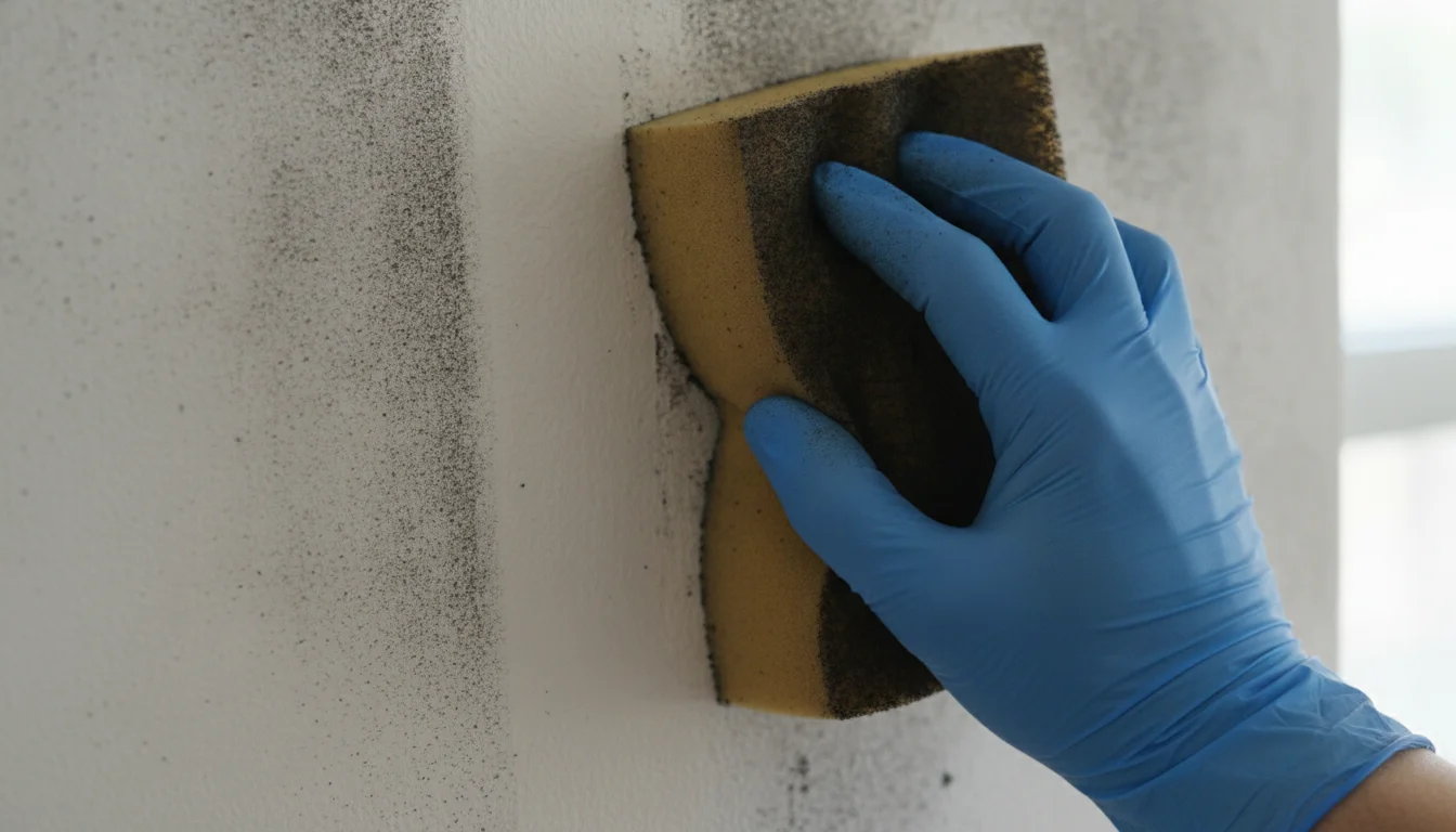 A gloved hand wiping a dry soot sponge down a sooty wall, leaving a clean stripe