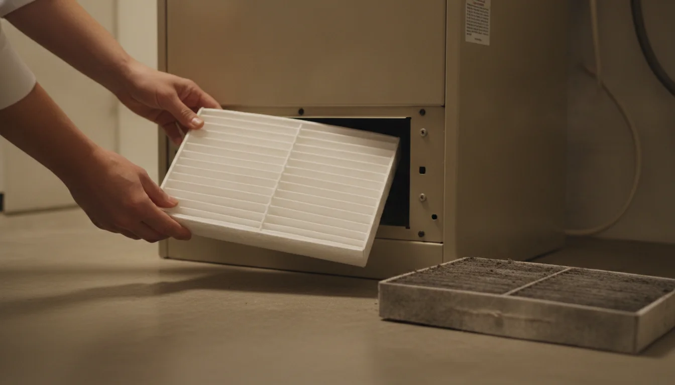 Hands fitting a new furnace filter beside a used filter turned gray with soot