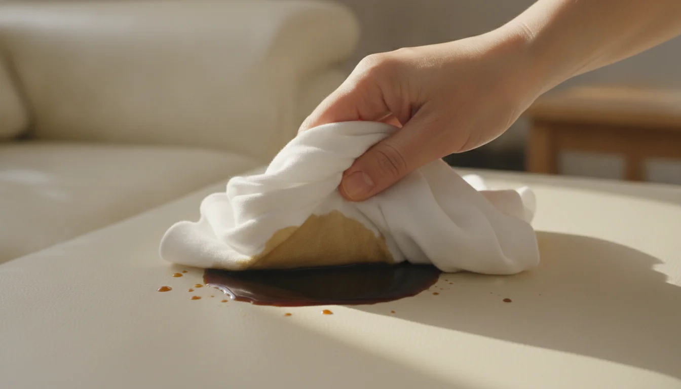 A hand blotting a fresh coffee spill on a cream faux leather sofa with a white cloth