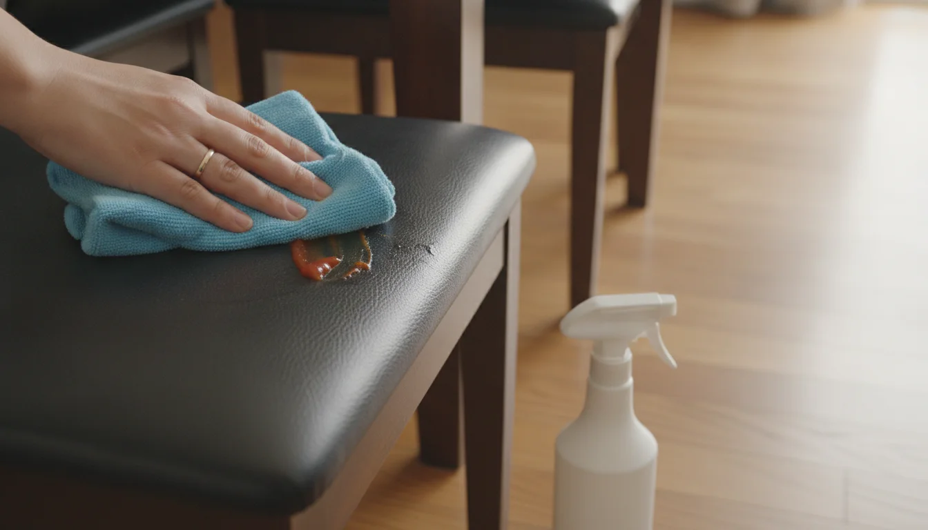 A hand wiping a dried food mark off a black vinyl chair seat with a microfiber cloth