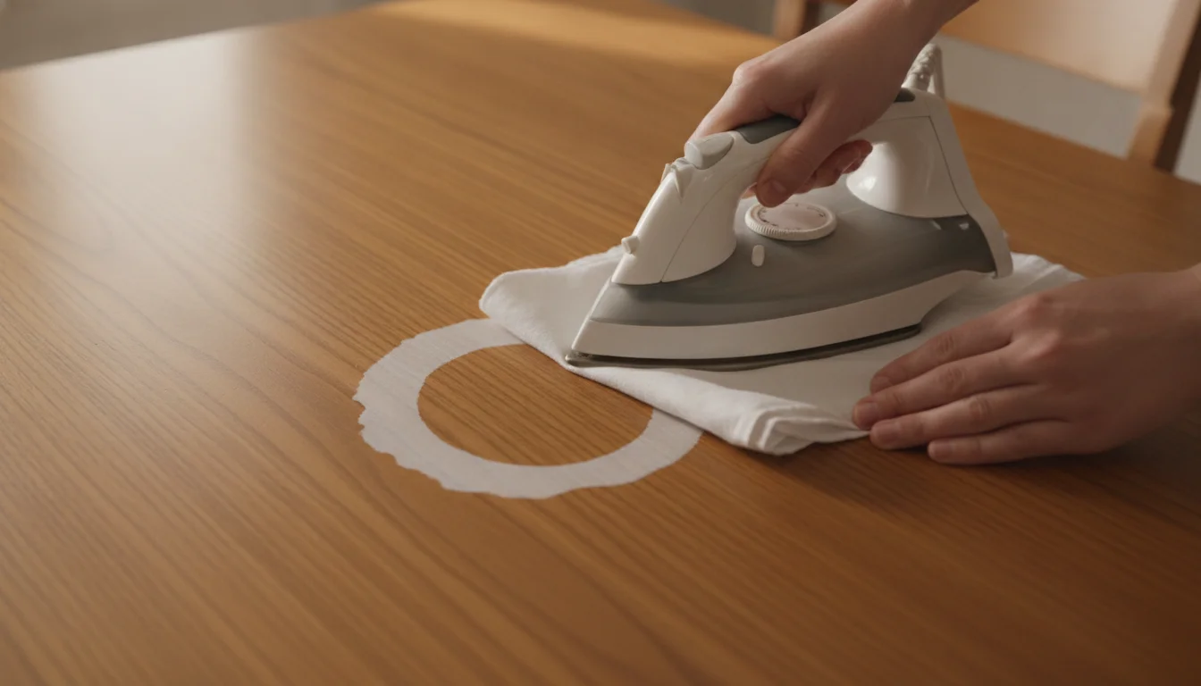 Hands pressing a warm iron on a cotton cloth laid over a white ring on a wooden table