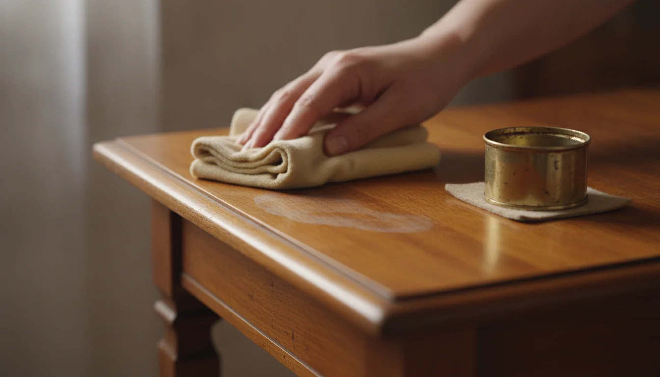A hand wiping a lightly dampened cloth across a white mark on an old shellac-finished table