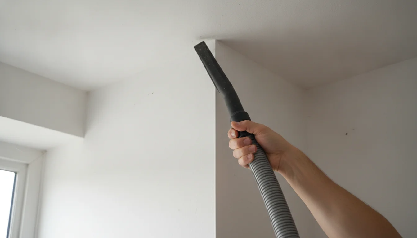 vacuuming the corner where a wall meets the ceiling