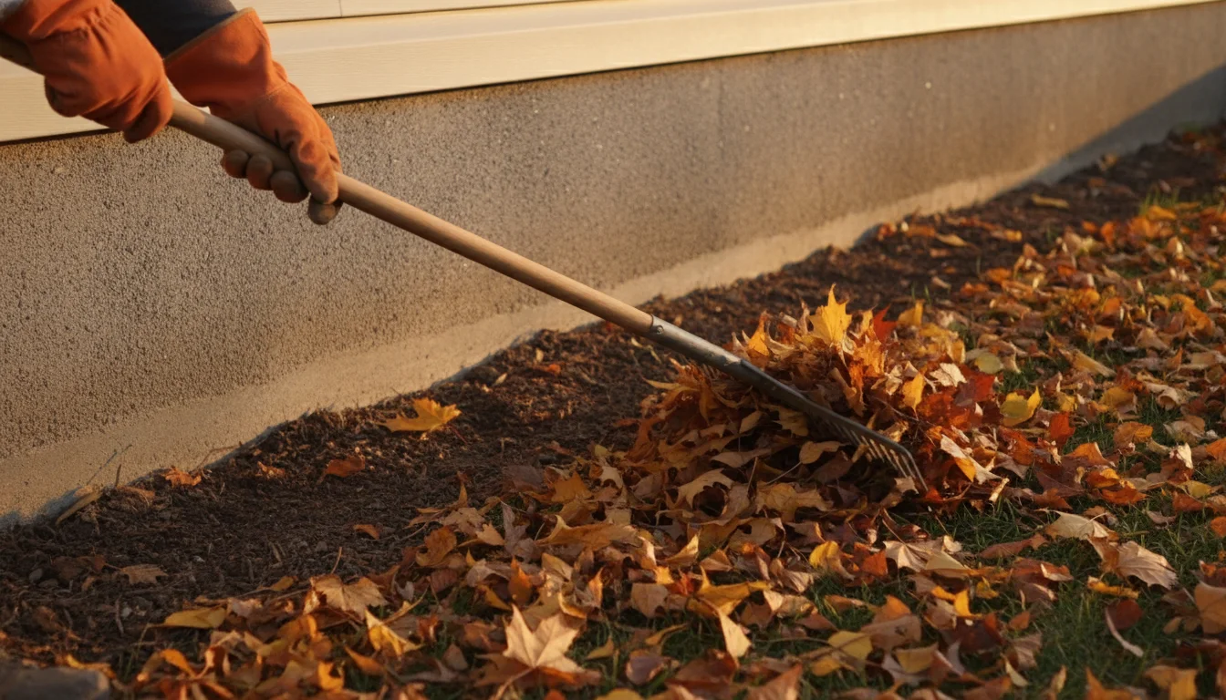 raking leaf litter away from a house foundation